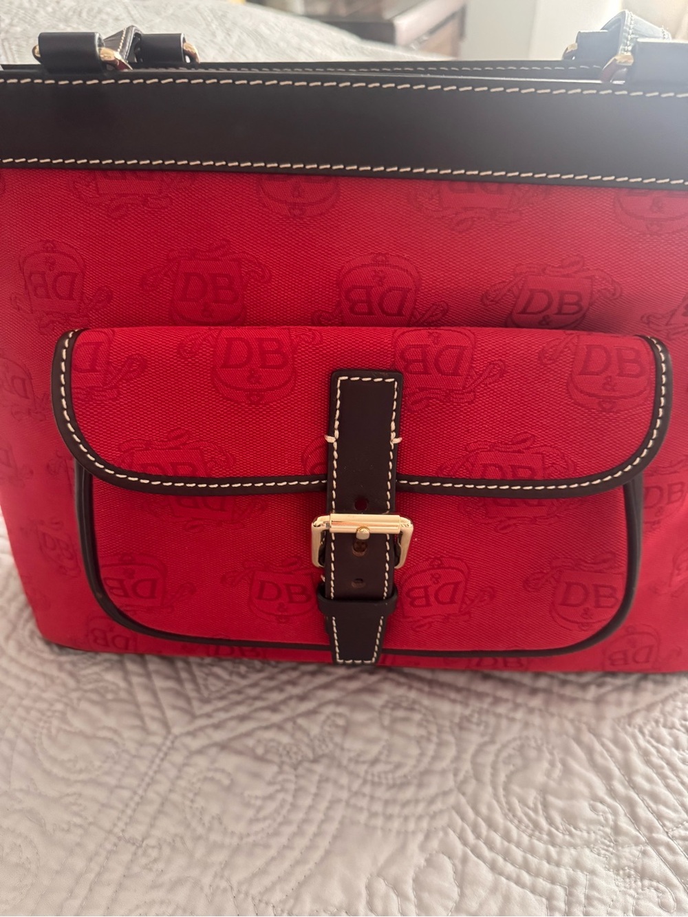 Dooney & Bourke Red Signature Canvas Tote with Brown Trim and Gold Buckle